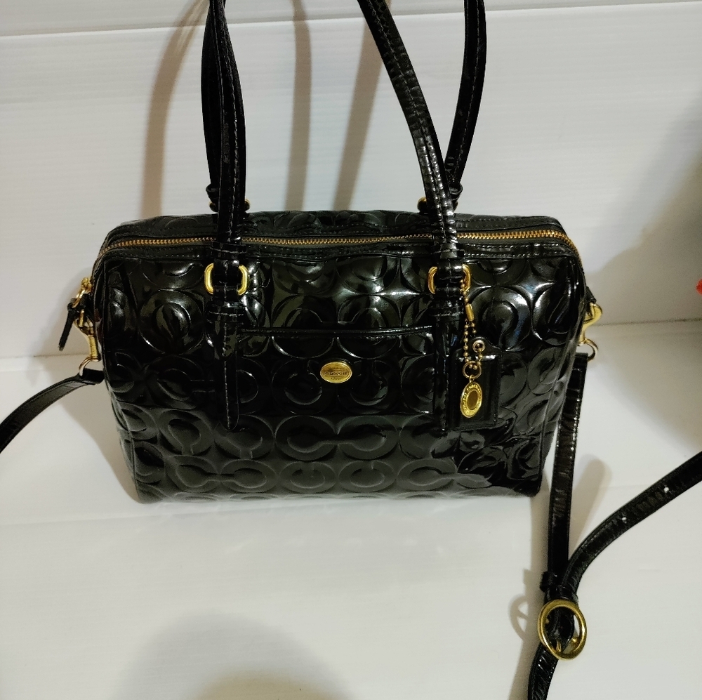 Coach Black Optic C Embossed Patent Leather Large Shoulder Crossbody Bag